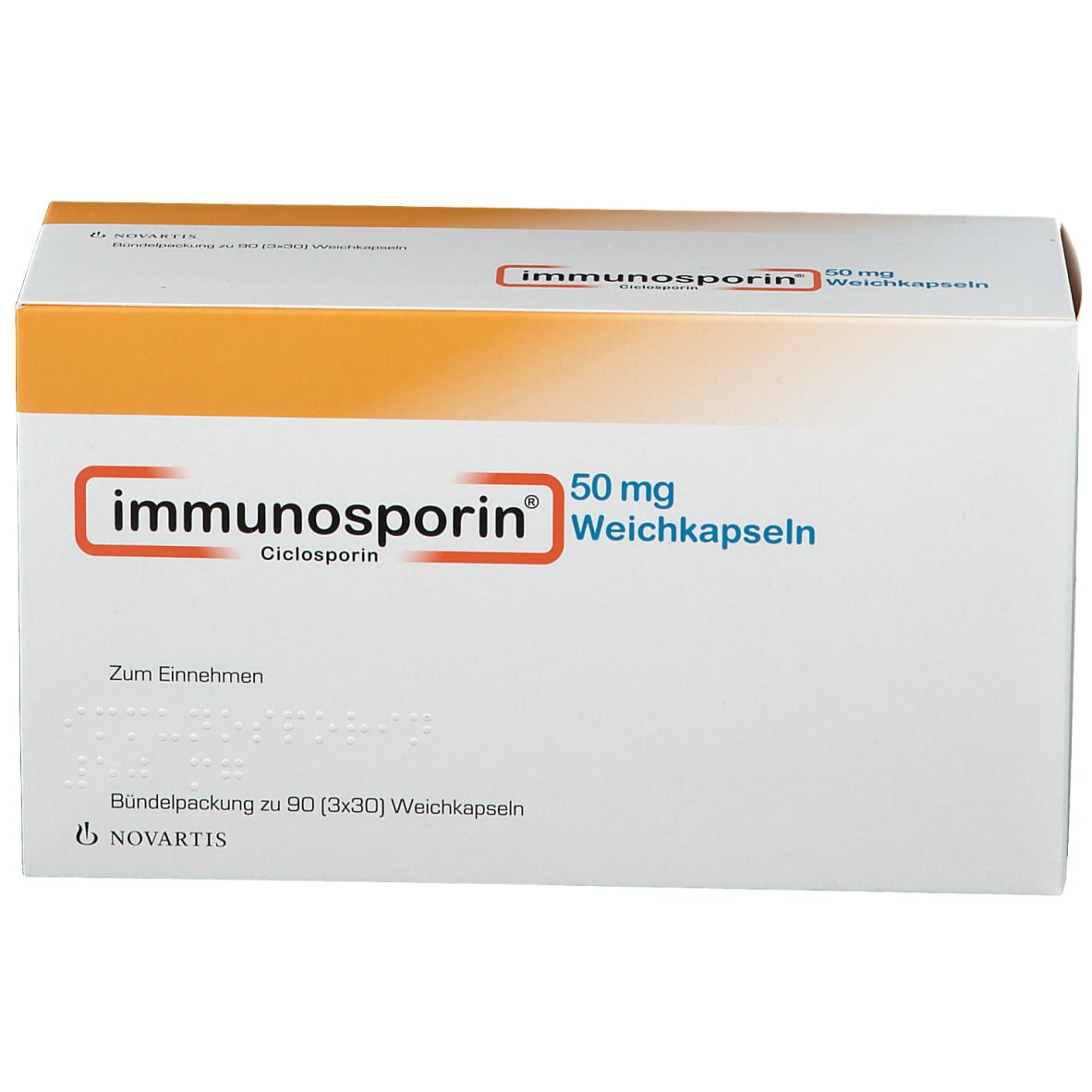 Schachtel Immunosporin 50 mg Weichkapseln. Weiß mit orangefarbenem Akzent. Produktname und Dosierung deutlich sichtbar.
