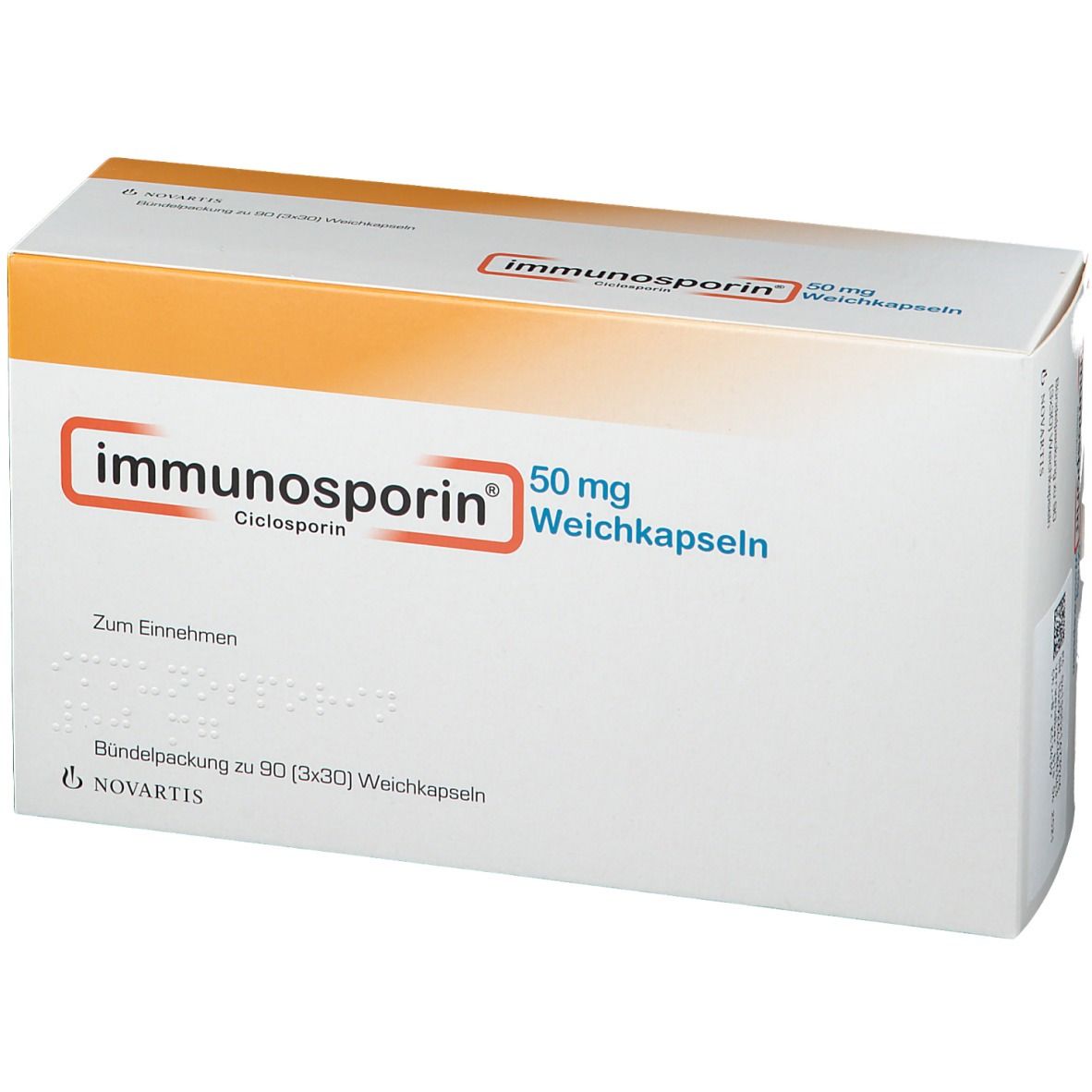 Schachtel Immunosporin 50 mg Weichkapseln. Weiß mit orangefarbenem Akzent. Produktname und Dosierung deutlich sichtbar.
