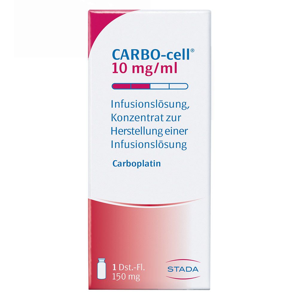 Verpackung von CARBO-cell 10 mg/ml Infusionslösung. Aufschrift: Carboplatin, Infusionslösung. STADA Logo.