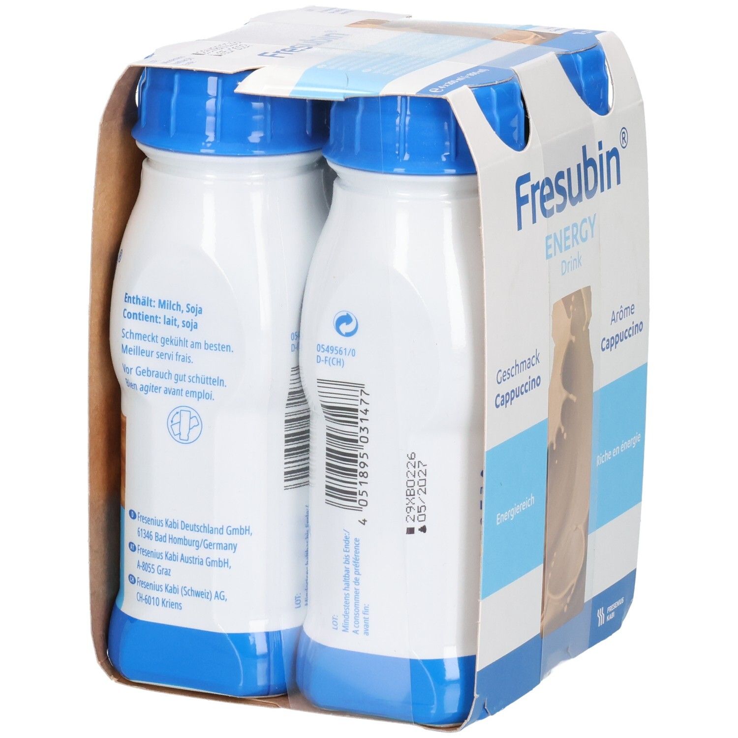 Fresubin Energy Drink Cappuccino, 4er-Packung. Rückseite mit Nährwertangaben und Barcode.
