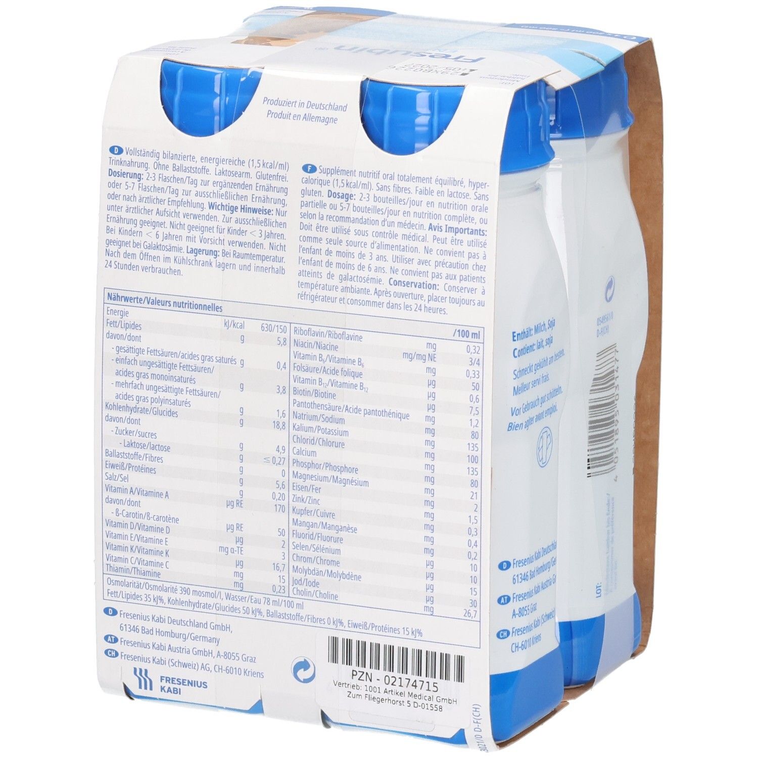 Fresubin Energy Drink Cappuccino, 4er-Packung. Detailansicht der Nährwerttabelle.