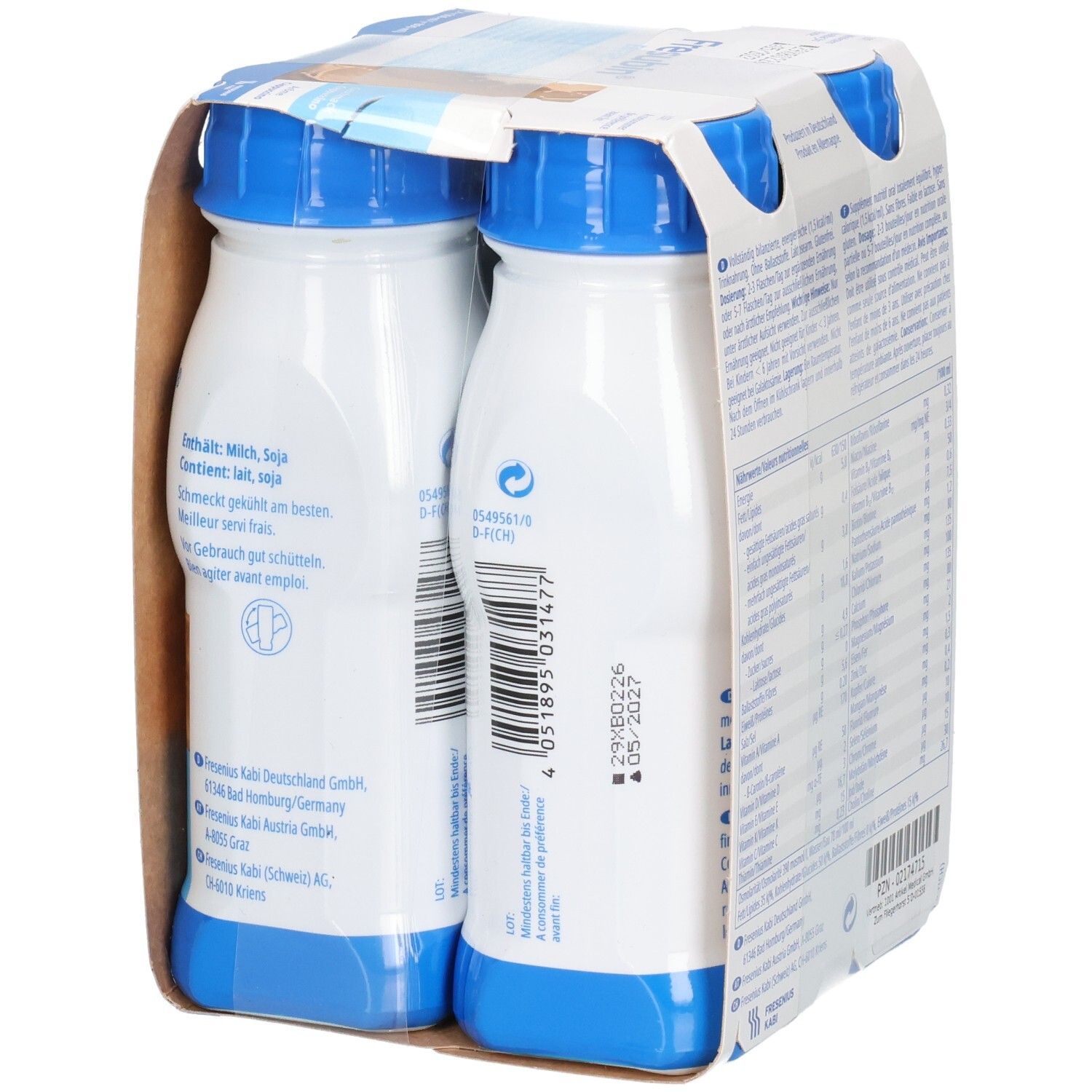 Fresubin Energy Drink Cappuccino, 4er-Packung. Seitenansicht mit Barcode und Verfallsdatum.
