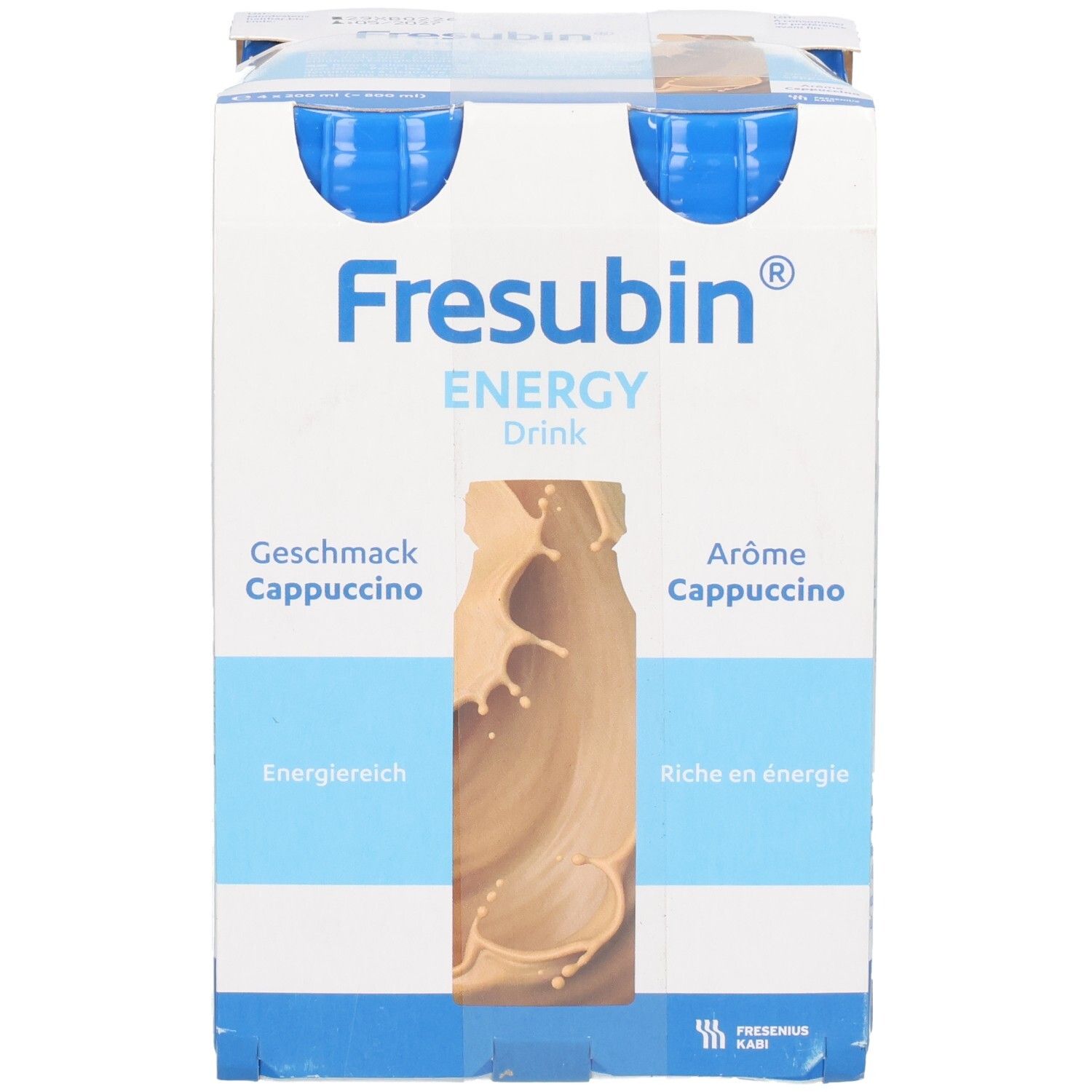 Fresubin Energy Drink Cappuccino, 4er-Packung. Vorderseite mit Produktabbildung und Text.