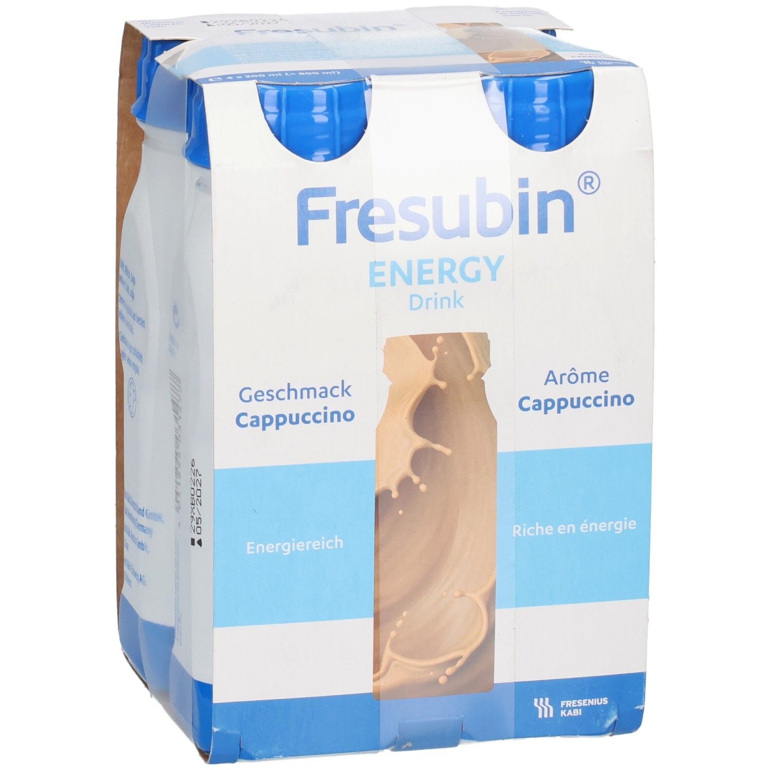 Fresubin Energy Drink Cappuccino, 4er-Packung. Nahaufnahme der Vorderseite mit Logo.