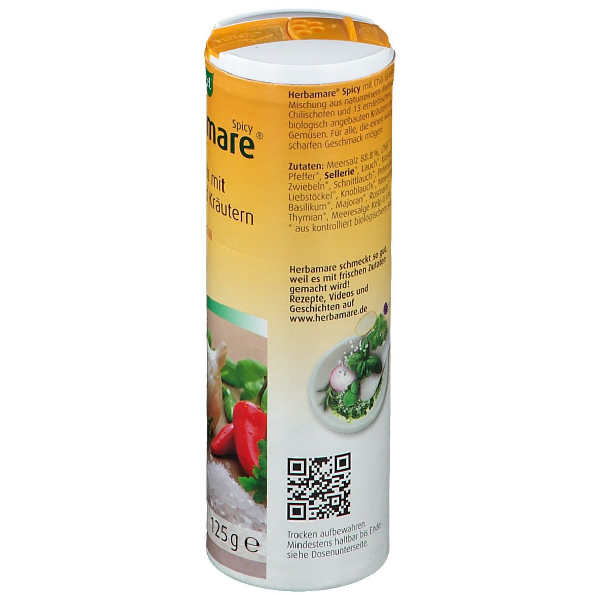 Rückseite der Dose mit Zutatenliste und QR-Code. Text: 'Herbamare schmeckt so gut'.