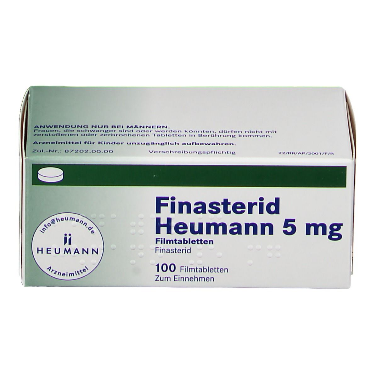 Schachtel mit Finasterid Heumann 5 mg Filmtabletten. Aufschrift: 100 Filmtabletten. Logo von Heumann.