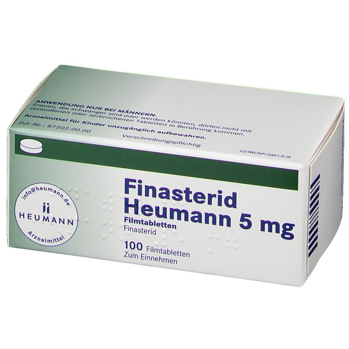 Schachtel mit Finasterid Heumann 5 mg Filmtabletten. Aufschrift: 100 Filmtabletten. Logo von Heumann.