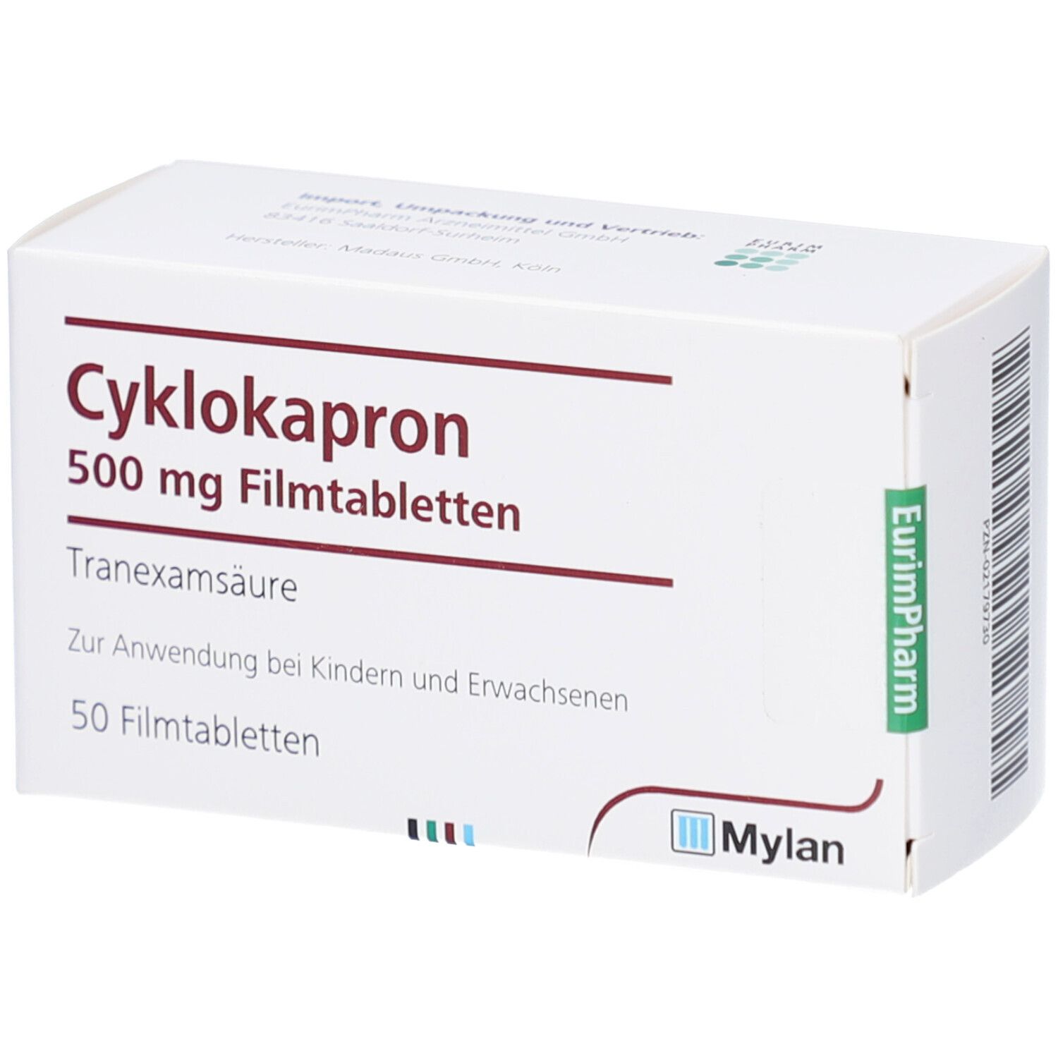 Weiße Schachtel mit Aufschrift Cyklokapron 500 mg Filmtabletten. Enthält 50 Tabletten. Logo Mylan.