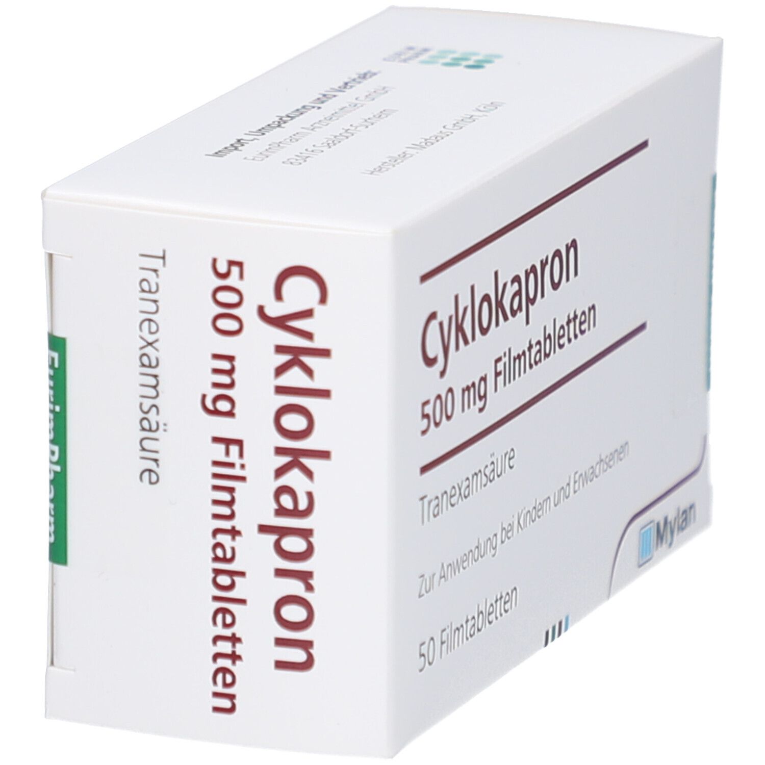 Schachtel Cyklokapron 500 mg Filmtabletten, schräg. Aufschrift und Logo Mylan sichtbar. Enthält 50 Tabletten.