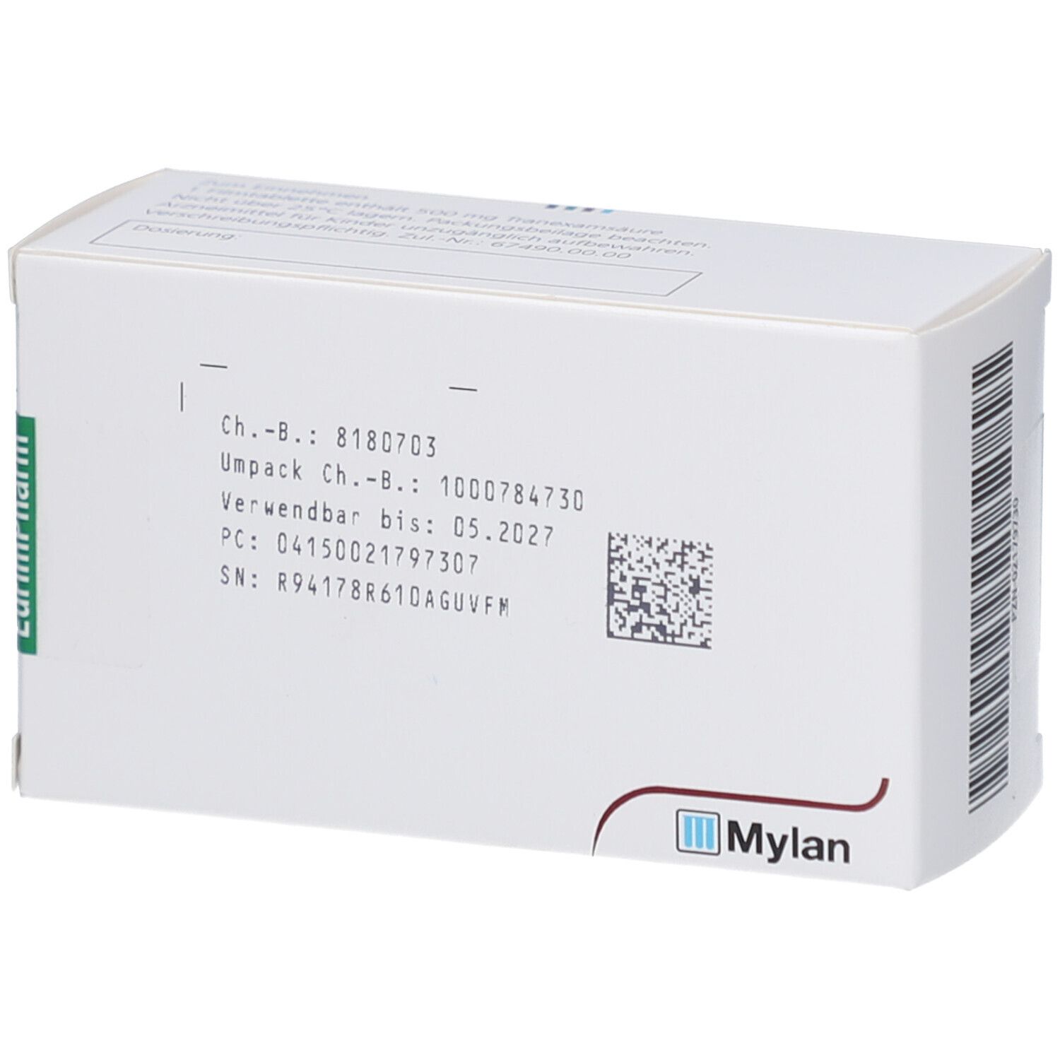 Rückseite der weißen Schachtel. Enthält Chargen- und Verfallsdaten, sowie Barcode. Logo Mylan.