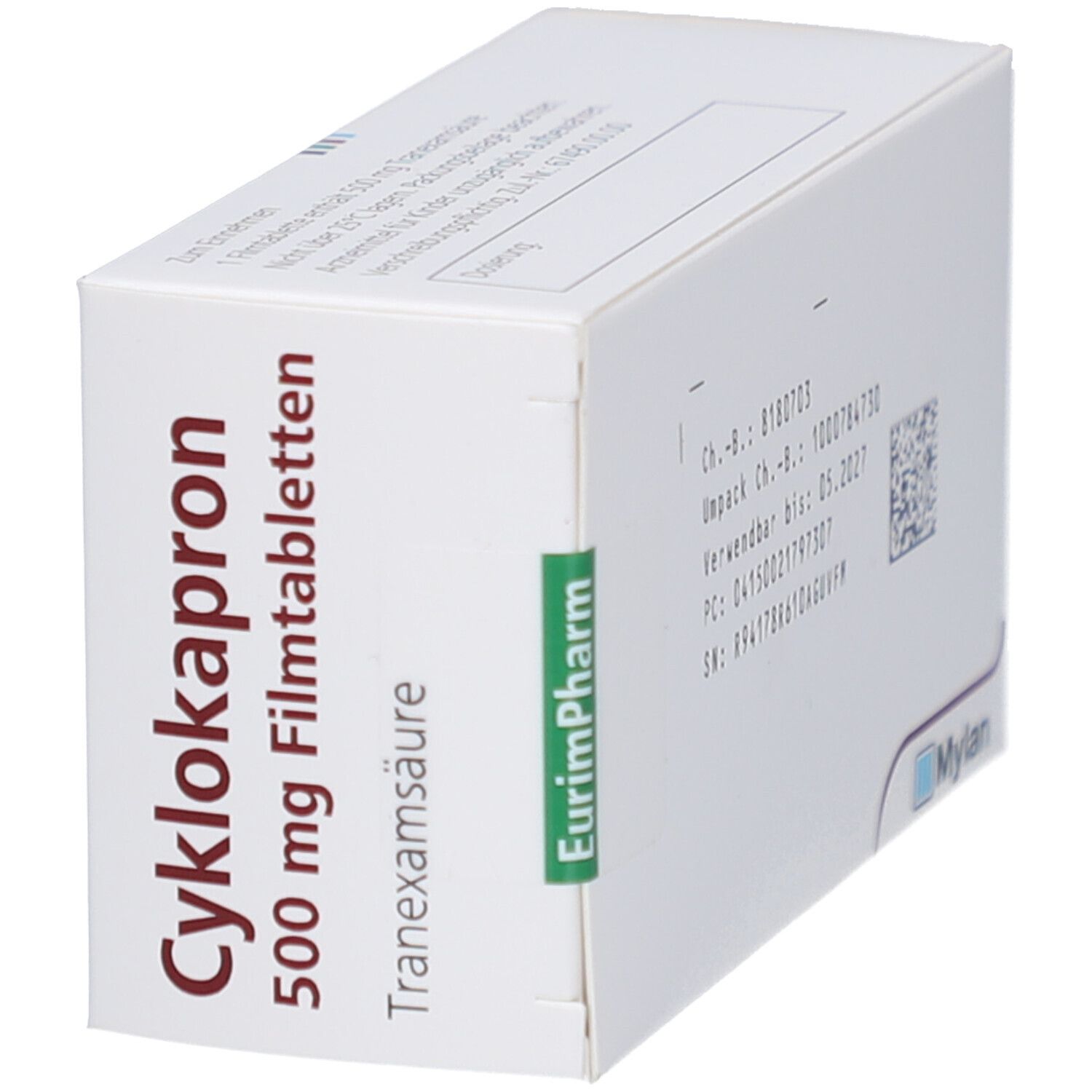 Schachtel Cyklokapron 500 mg Filmtabletten, schräg. Aufschrift und Logo Mylan sichtbar. Enthält 50 Tabletten.