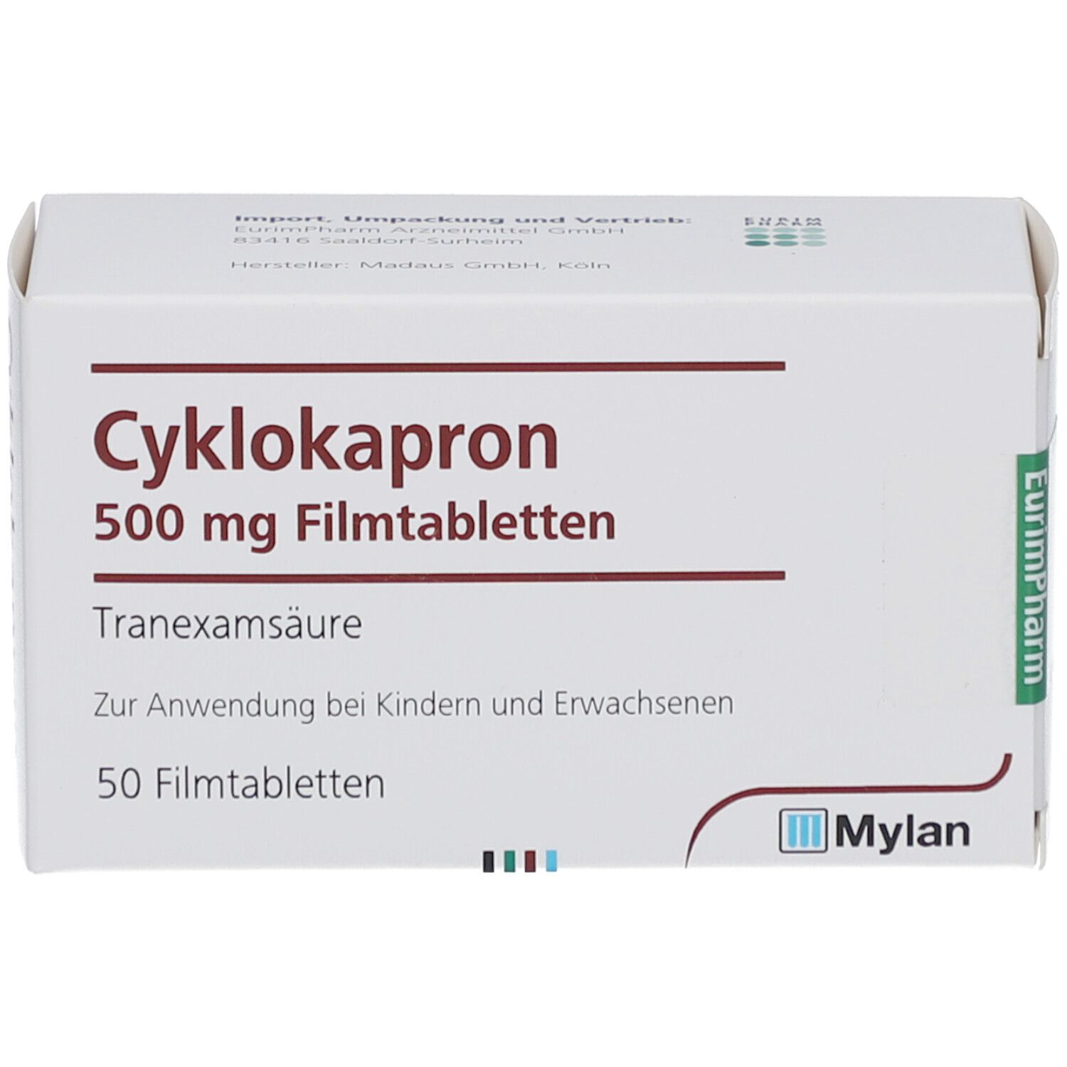 Weiße Schachtel mit Aufschrift Cyklokapron 500 mg Filmtabletten. Enthält 50 Tabletten. Logo Mylan.