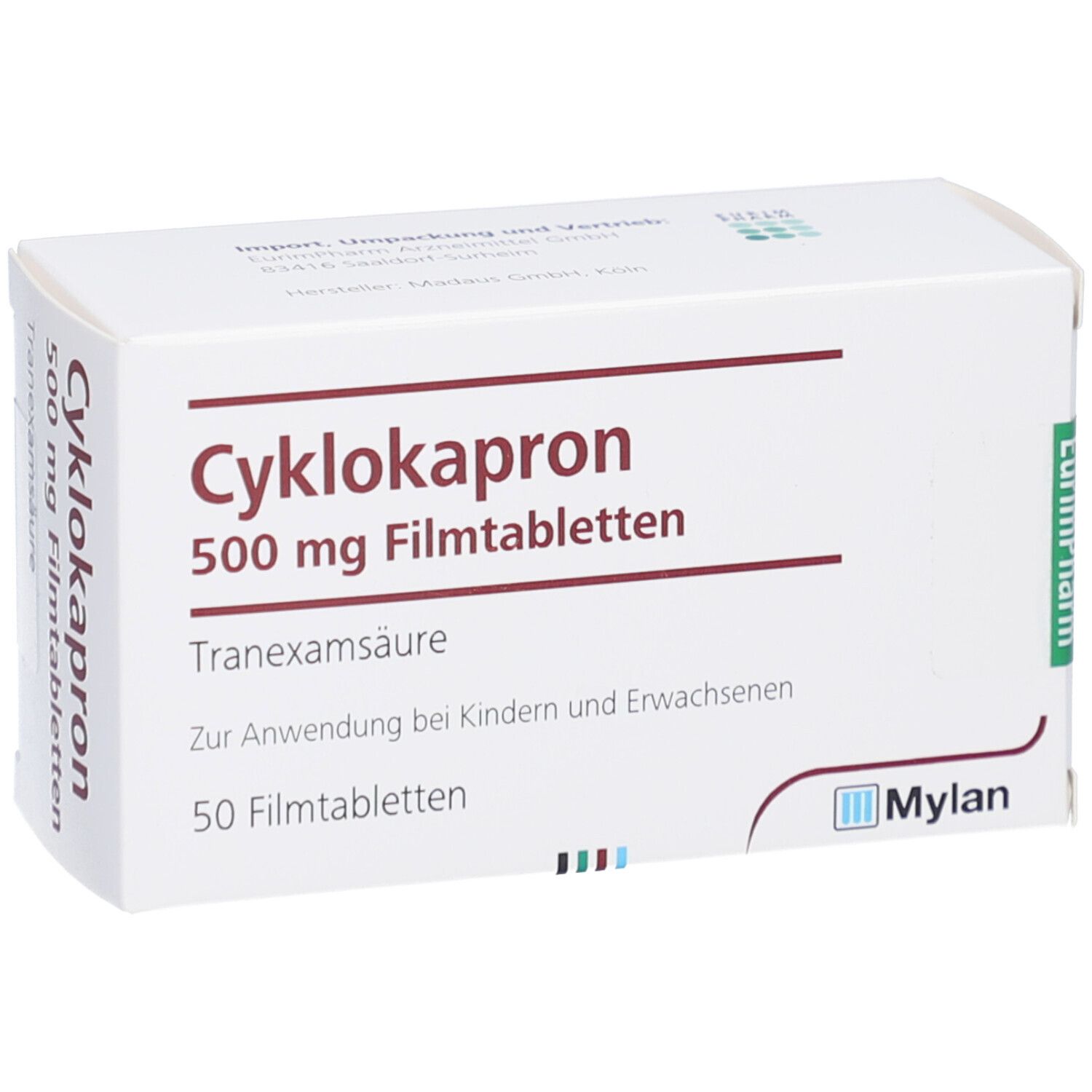 Weiße Schachtel mit Aufschrift Cyklokapron 500 mg Filmtabletten. Enthält 50 Tabletten. Logo Mylan.