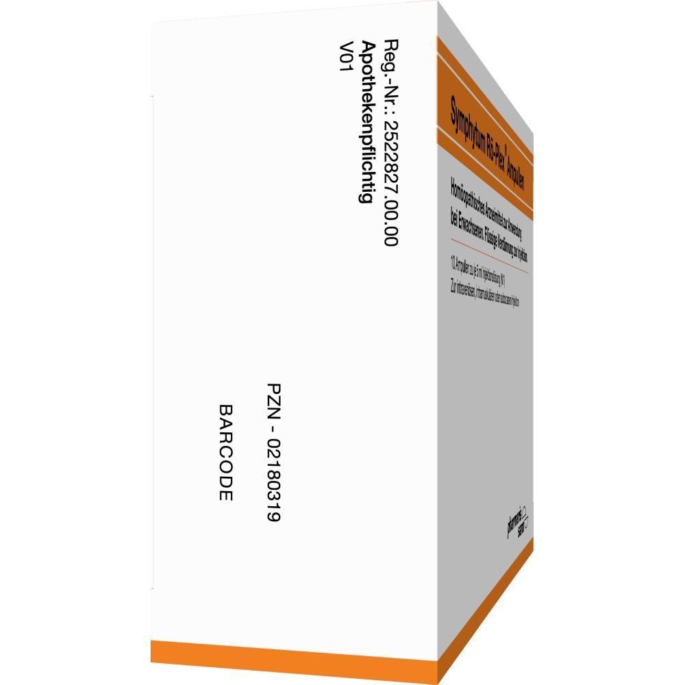 Seitenansicht der Schachtel mit Symphytum Rö-Plex Ampullen. Barcode und weitere Informationen auf weißem Hintergrund.