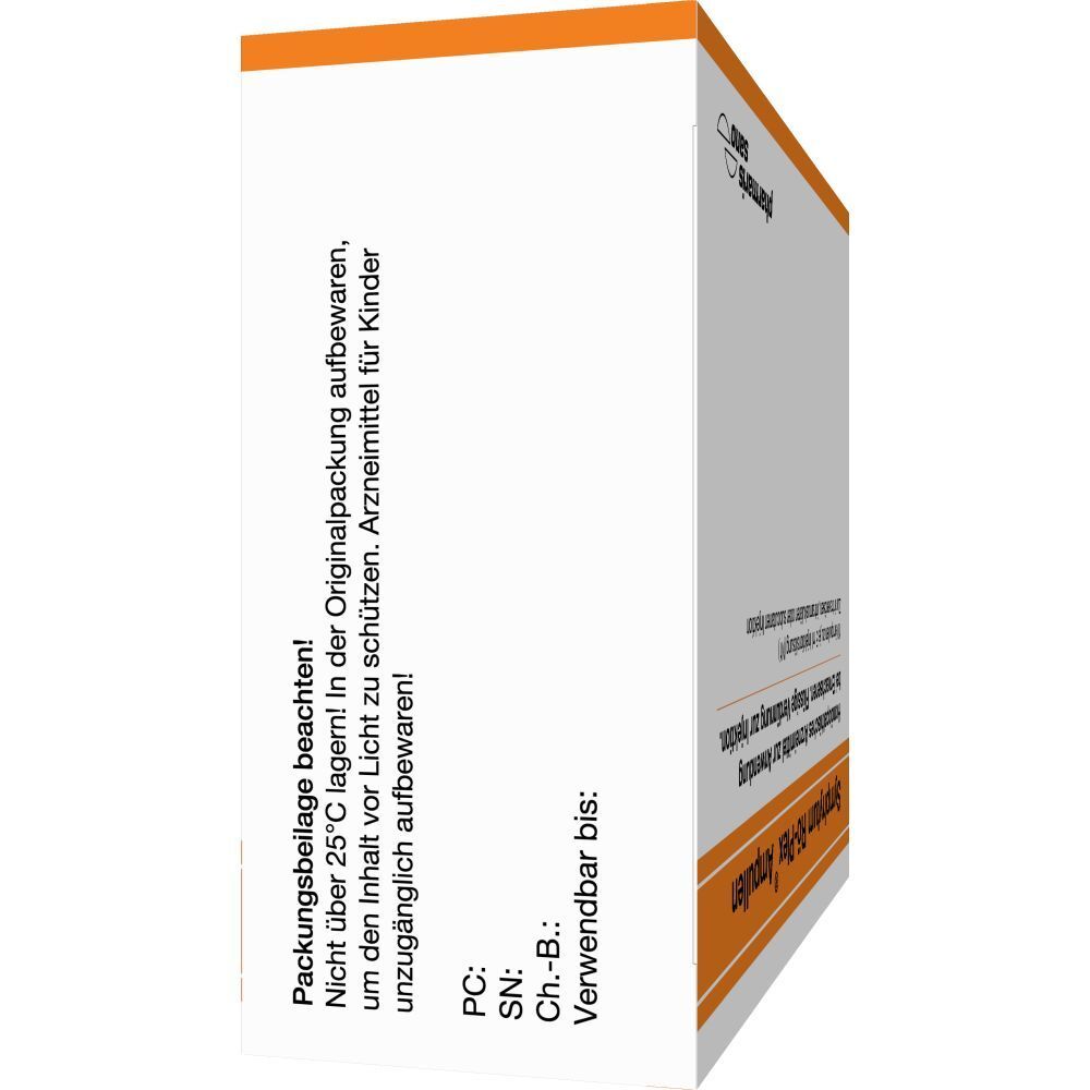 Rückseite der Schachtel mit Symphytum Rö-Plex Ampullen. Text über Lagerung und Haltbarkeit. Weißer Hintergrund.