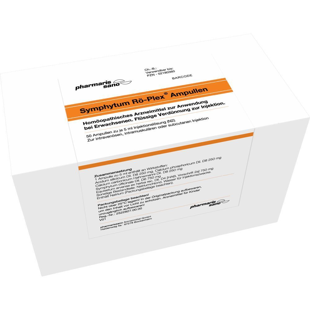 Weiße Schachtel mit Aufschrift 'Symphytum Rö-Plex Ampullen'. Text in Deutsch. Logo 'pharmaris sano'.
