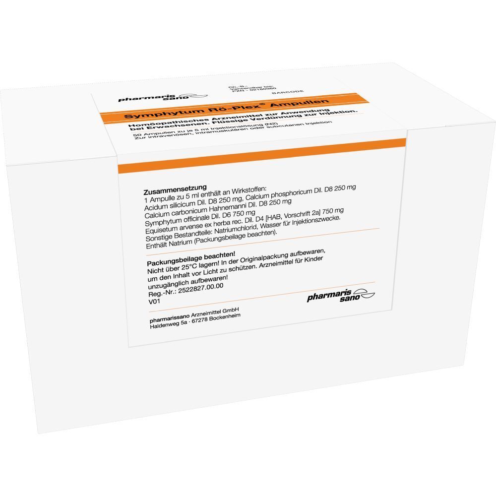Weiße Schachtel mit Aufschrift 'Symphytum Rö-Plex Ampullen'. Text in Deutsch. Logo 'pharmaris sano'.