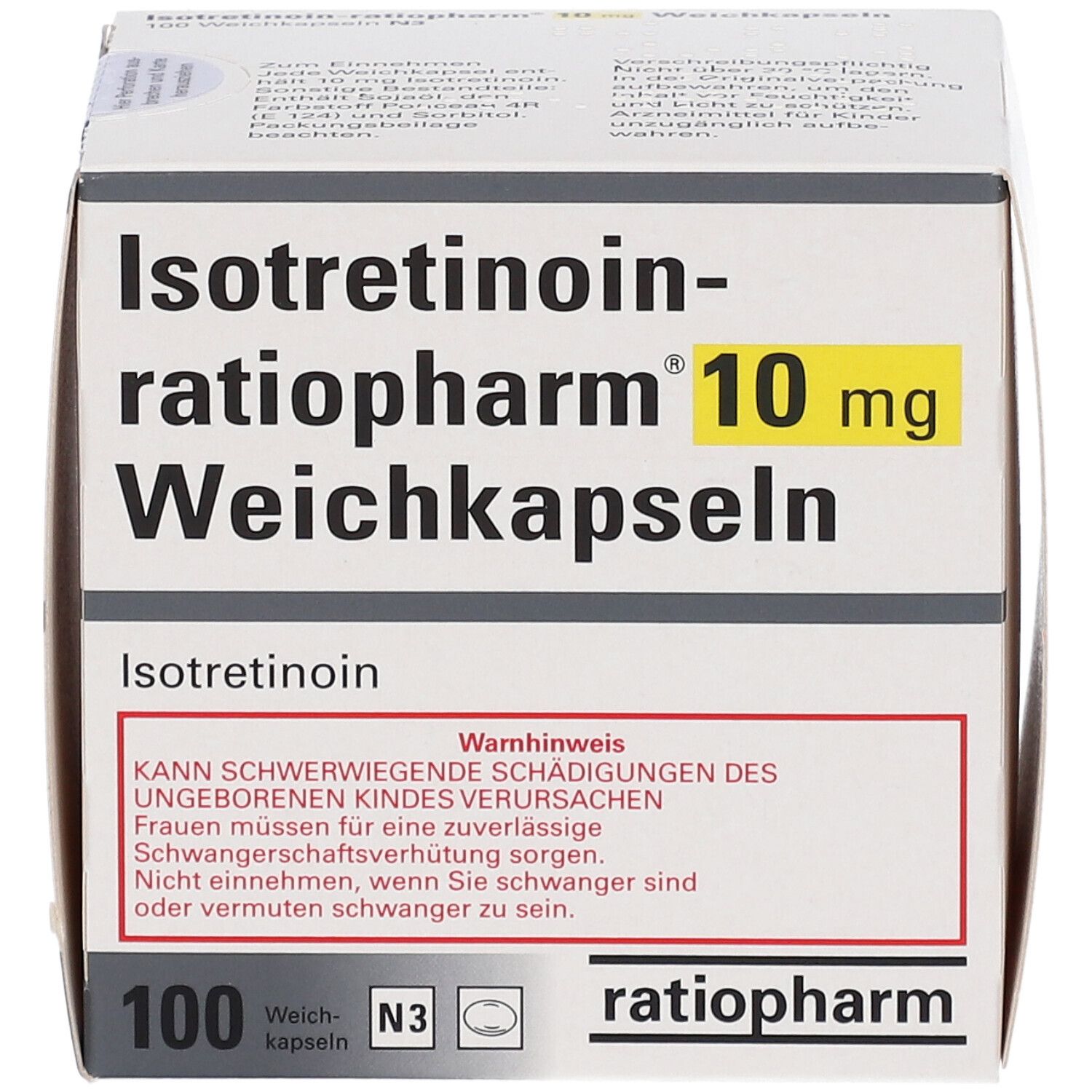 Schachtel mit Isotretinoin-ratiopharm® 10 mg Weichkapseln. Aufdrucke: Name, Dosierung, Warnhinweis, 100 Weichkapseln, ratiopharm.