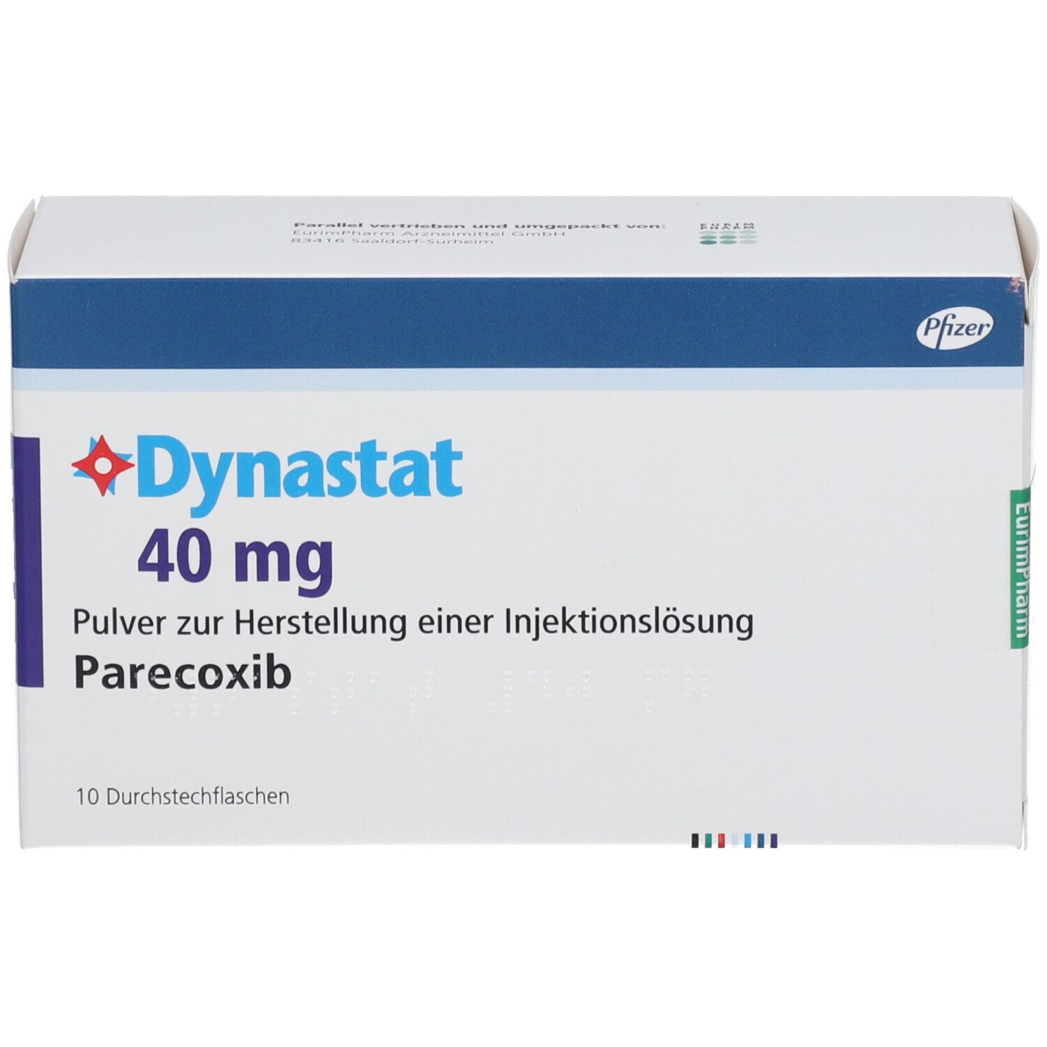 Schachtel "Dynastat 40 mg". Text: Pulver zur Herstellung einer Injektionslösung. Parecoxib. 10 Durchstechflaschen. Pfizer Logo.