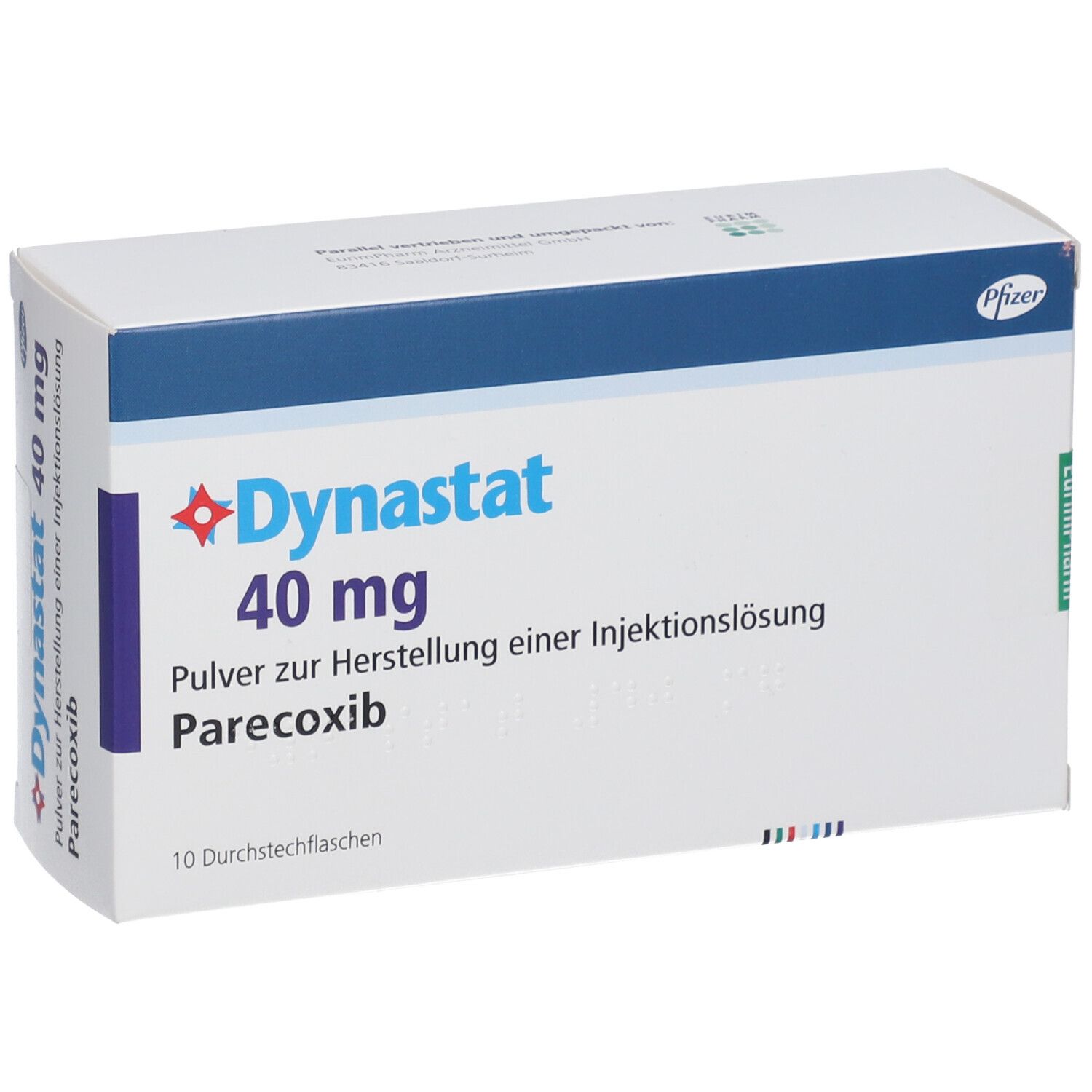 Schachtel "Dynastat 40 mg". Text: Pulver zur Herstellung einer Injektionslösung. Parecoxib. 10 Durchstechflaschen. Pfizer Logo.
