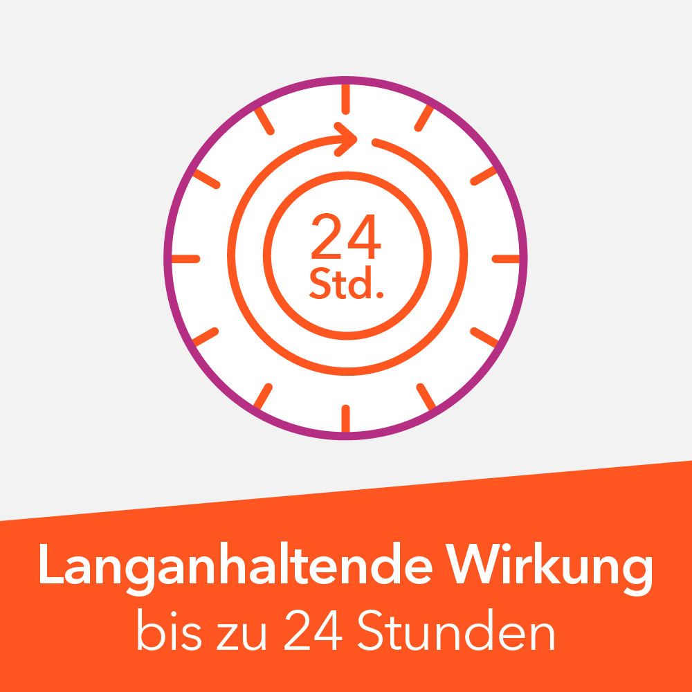 Kreisförmiges Symbol mit Pfeil und Text: 24 Std. Langanhaltende Wirkung bis zu 24 Stunden.
