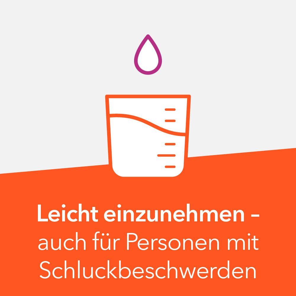 Symbol: Tropfen über Glas. Text: Leicht einzunehmen – auch für Personen mit Schluckbeschwerden.