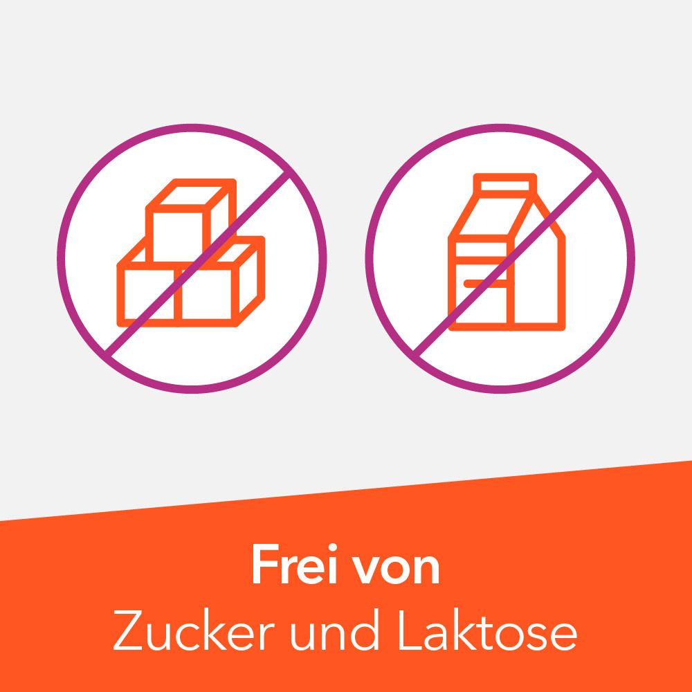Durchgestrichene Würfel und Milchpackung. Text: Frei von Zucker und Laktose.