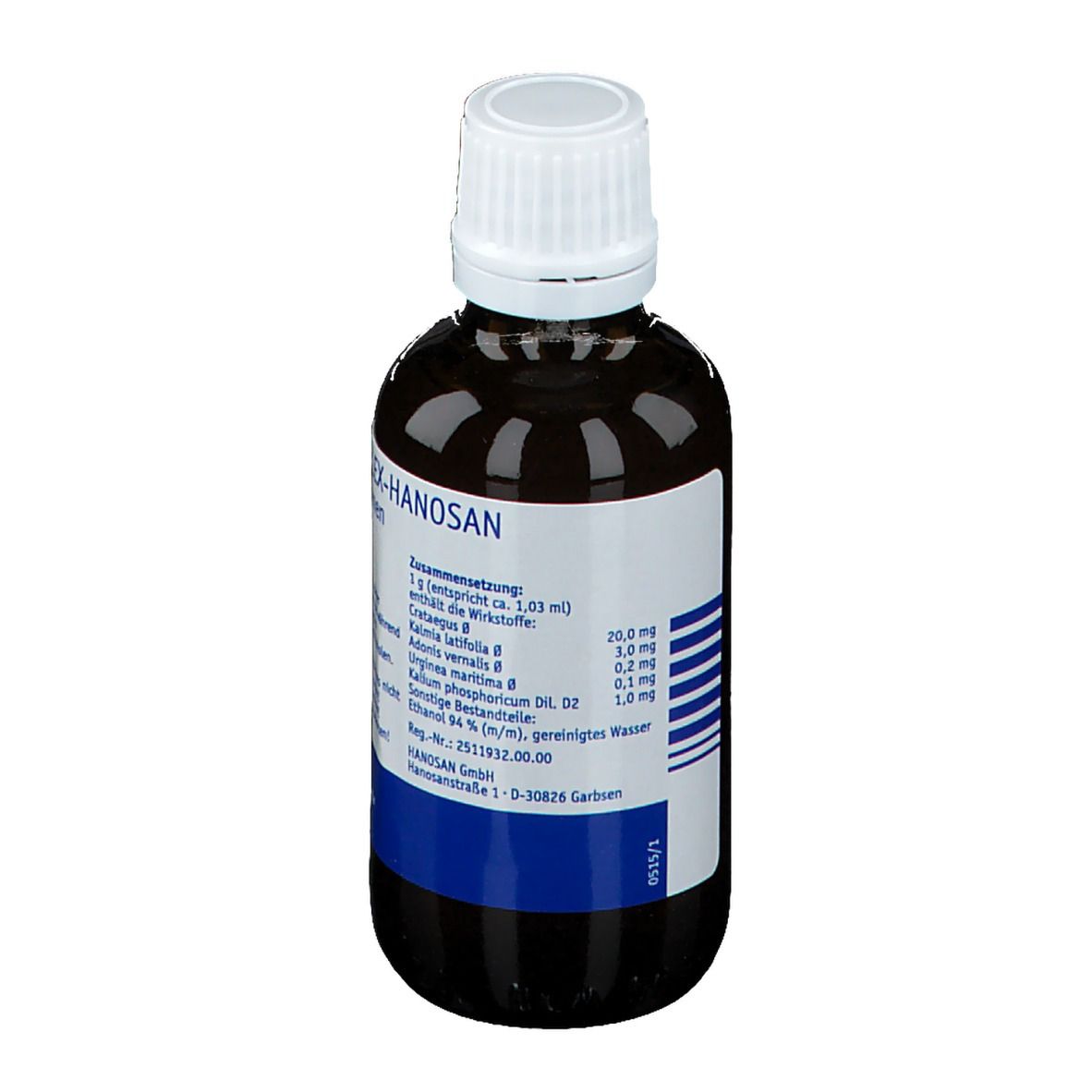 Braune Glasflasche mit weißem Deckel. Etikett mit Inhaltsstoffen: Kalium carbonicum B, Kalium jodatum B, etc.