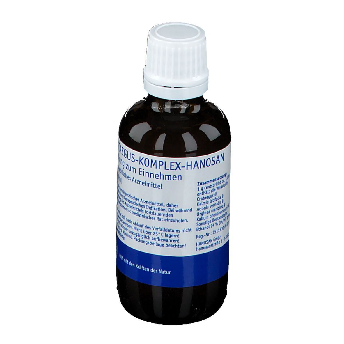 Braune Glasflasche mit weißem Deckel. Etikett mit Text: CRATAEGUS-KOMPLEX-HANOSAN. Homöopathisches Arzneimittel.