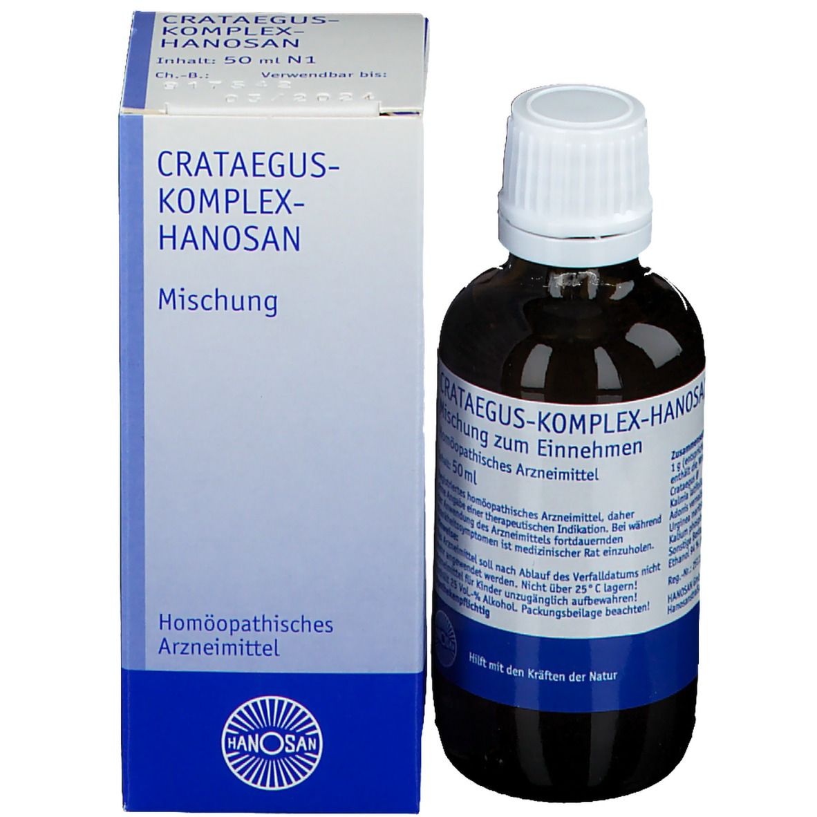 Braune Glasflasche und Schachtel. Auf der Schachtel: CRATAEGUS-KOMPLEX-HANOSAN. Homöopathisches Arzneimittel.
