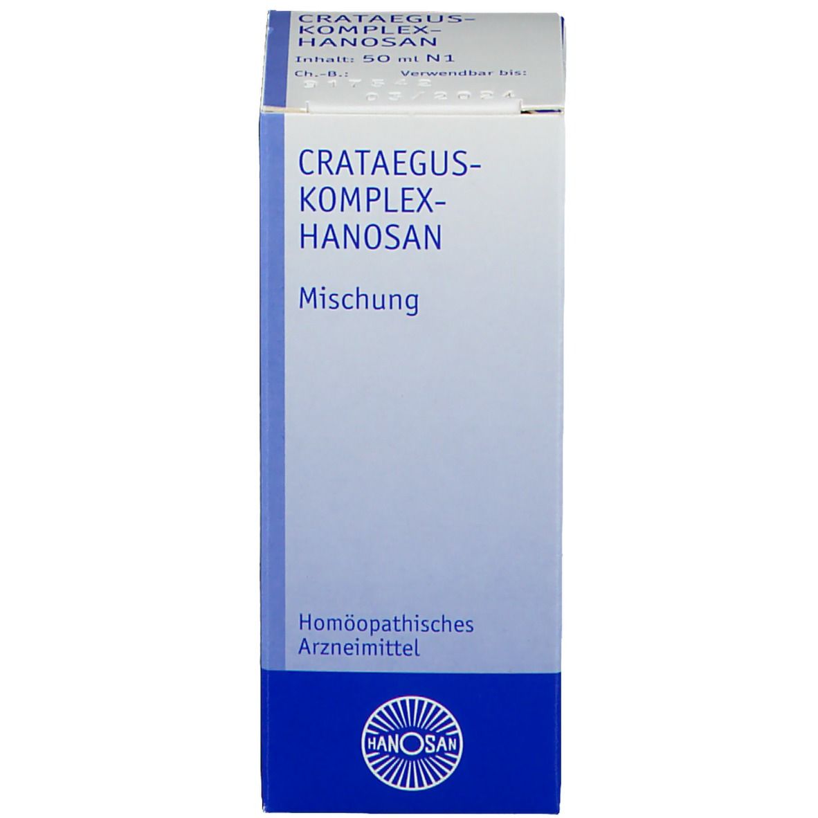 Weiße Schachtel mit Text: CRATAEGUS-KOMPLEX-HANOSAN. Homöopathisches Arzneimittel. HANOSAN Logo.