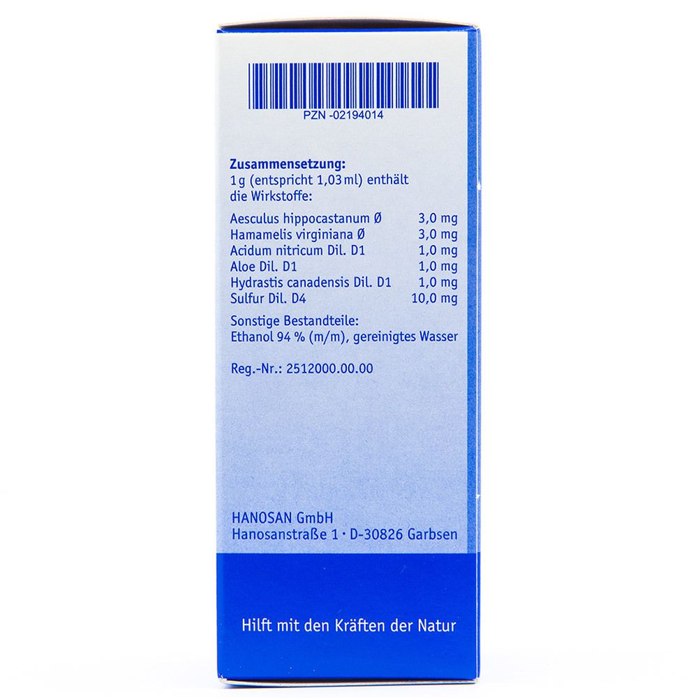 Weiße Schachtel. Aufschrift: Zusammensetzung, Wirkstoffe, Hanosan GmbH, Reg.-Nr. 2512000.00.00.