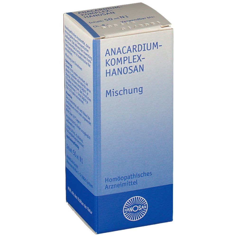 Karton mit Produktnamen und Logo. Blauer Farbverlauf. Text: Anacardium-Komplex-Hanosan, Mischung, Homöopathisches Arzneimittel.