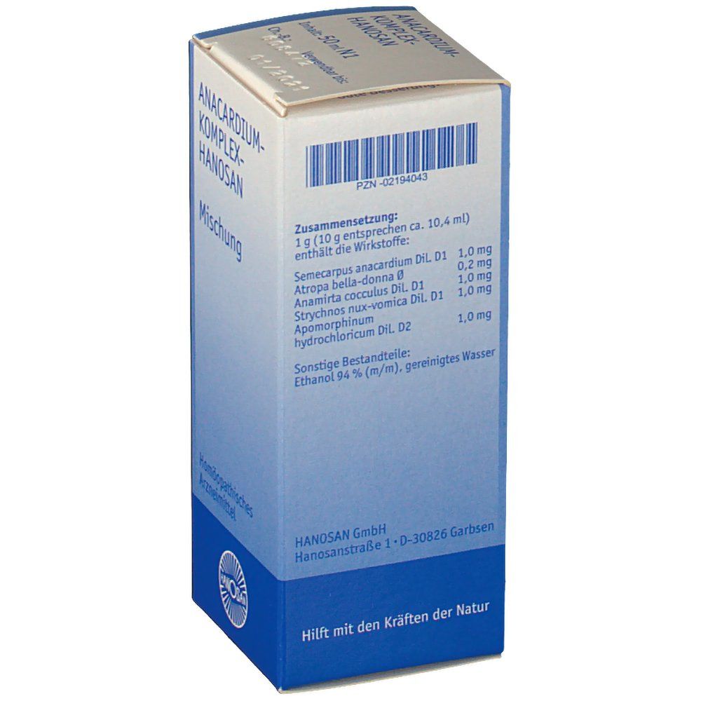 Rückseite der Produktverpackung. Enthält Informationen zu Inhaltsstoffen und Hersteller. Text: Hanosan GmbH, Homöopathisches Arzneimittel.