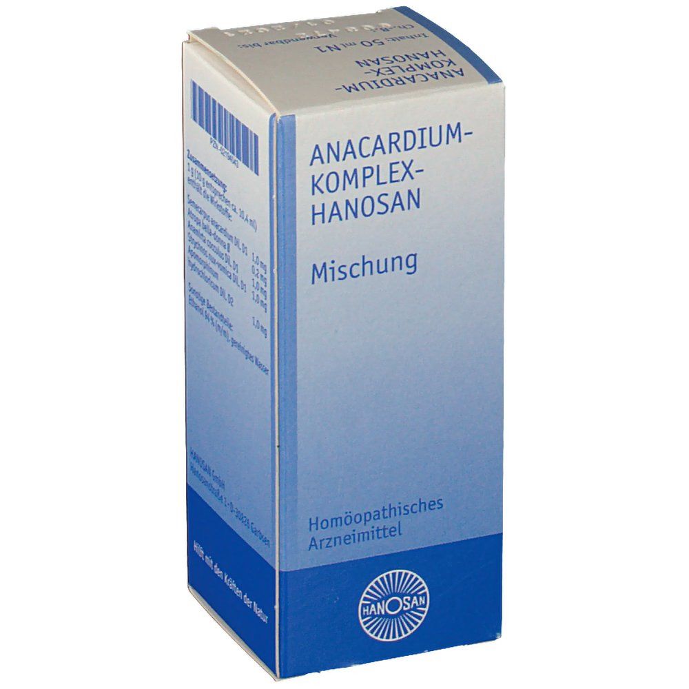 Produktverpackung mit Produktnamen und Logo. Blauer Farbverlauf. Text: Anacardium-Komplex-Hanosan, Mischung, Homöopathisches Arzneimittel.