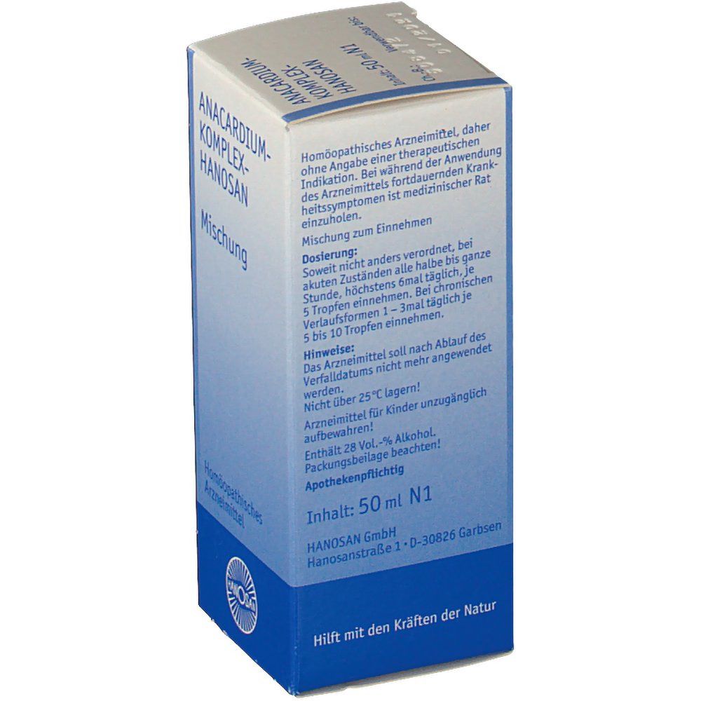 Produktverpackung mit Text. Enthält Dosierungs- und Anwendungshinweise. Text: Homöopathisches Arzneimittel, 50 ml N1, Hanosan GmbH.