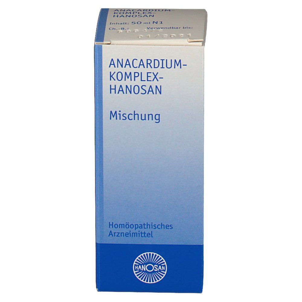 Produktverpackung mit Produktnamen und Logo. Blauer Farbverlauf. Text: Anacardium-Komplex-Hanosan, Mischung, Homöopathisches Arzneimittel.