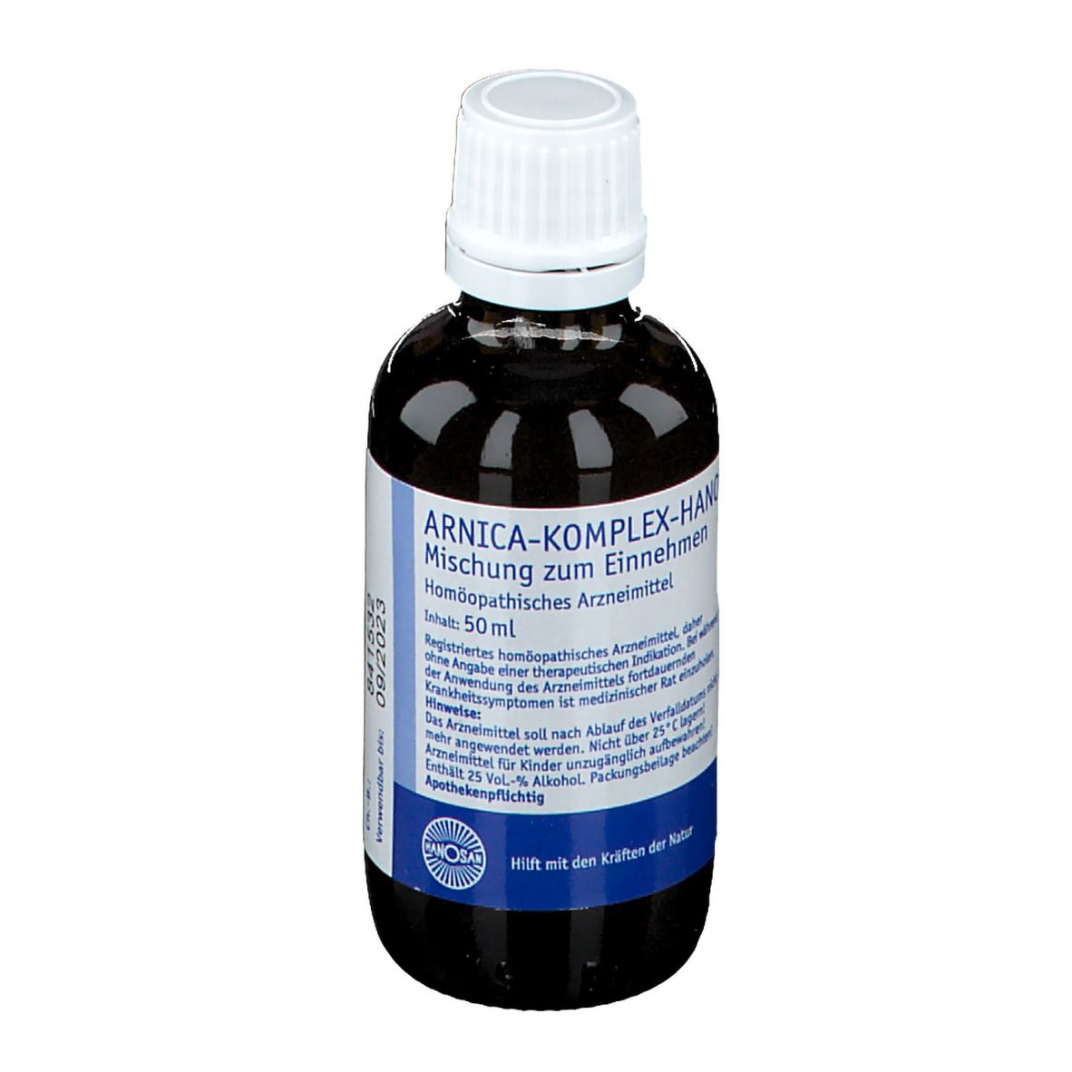 Braune Glasflasche mit weißem Deckel. Etikett mit Text: Arnica-Komplex-Hanosan. Inhalt: 50 ml.