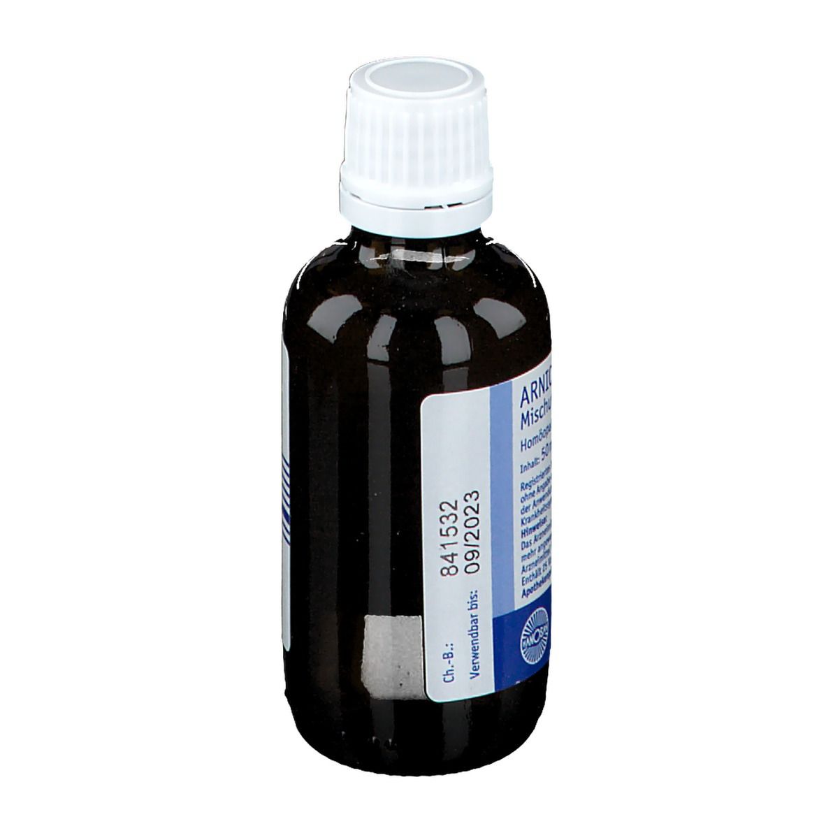 Braune Glasflasche mit weißem Deckel. Etikett mit Verfallsdatum 09/2023. Inhalt: 50 ml.