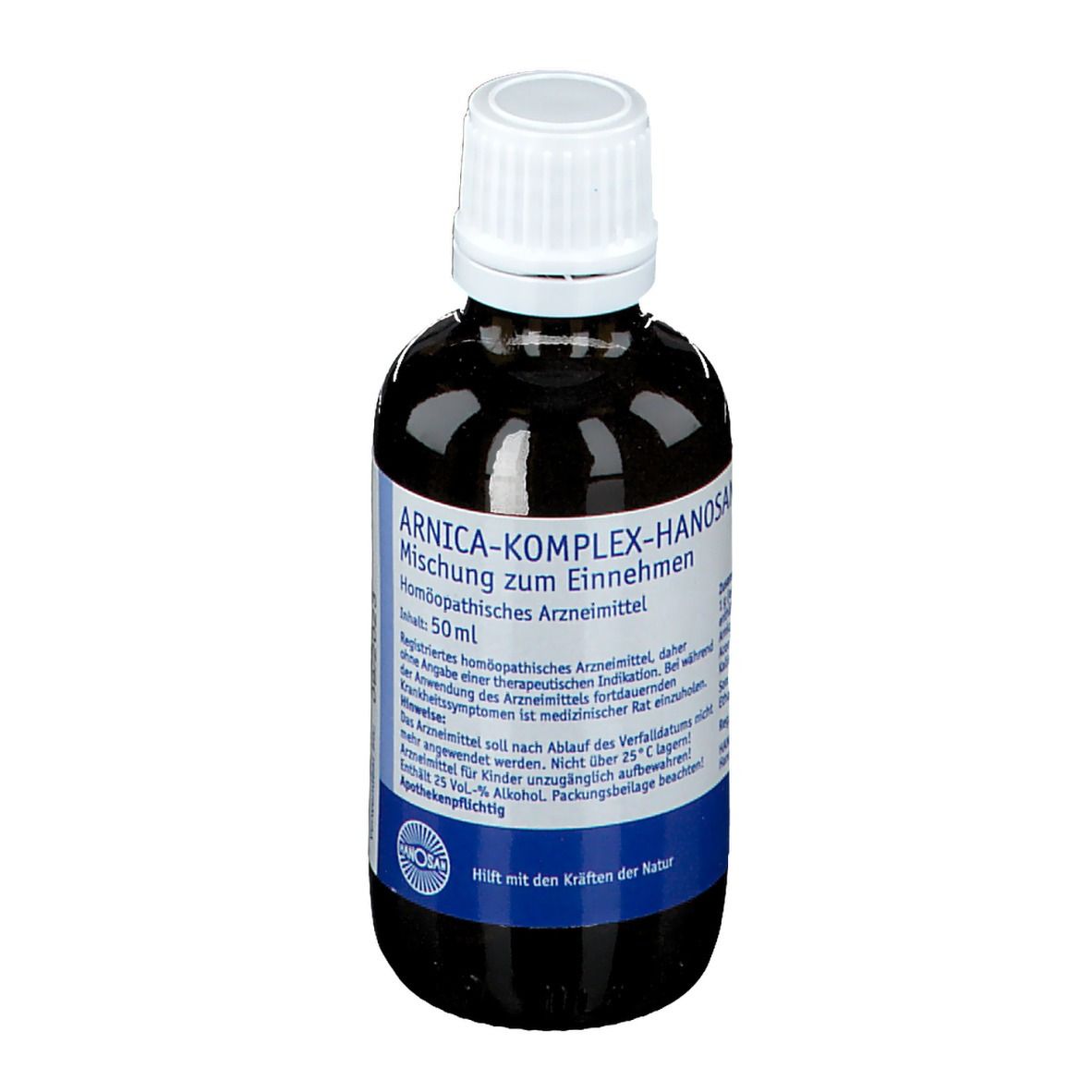 Braune Glasflasche mit weißem Deckel. Etikett mit Produktnamen und Inhalt: 50 ml.