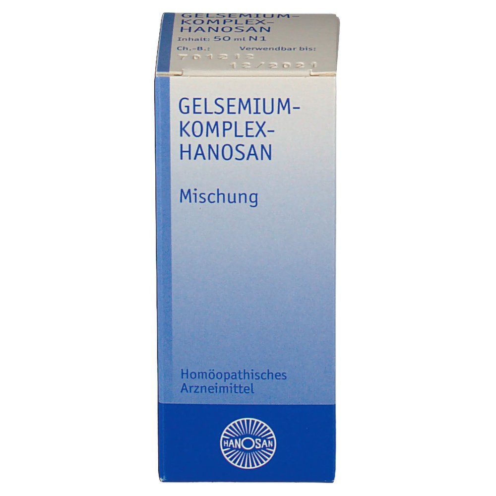 Produktverpackung mit dem Namen Gelsemium-Komplex-Hanosan. Blaue und weiße Farbgebung. Homöopathisches Arzneimittel.