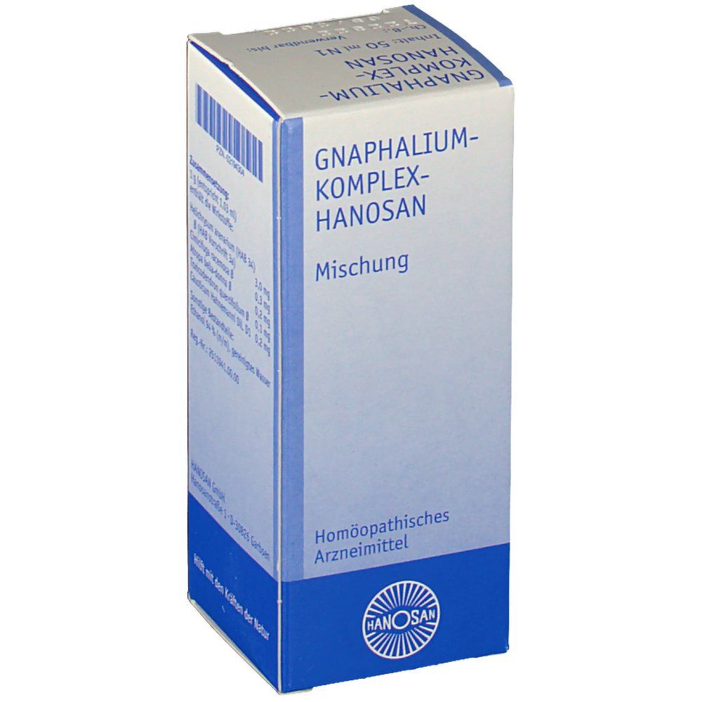 Gnaphalium-Komplex-Hanosan-Verpackung. Blaue und weiße Farben. Produktname und Logo deutlich sichtbar.