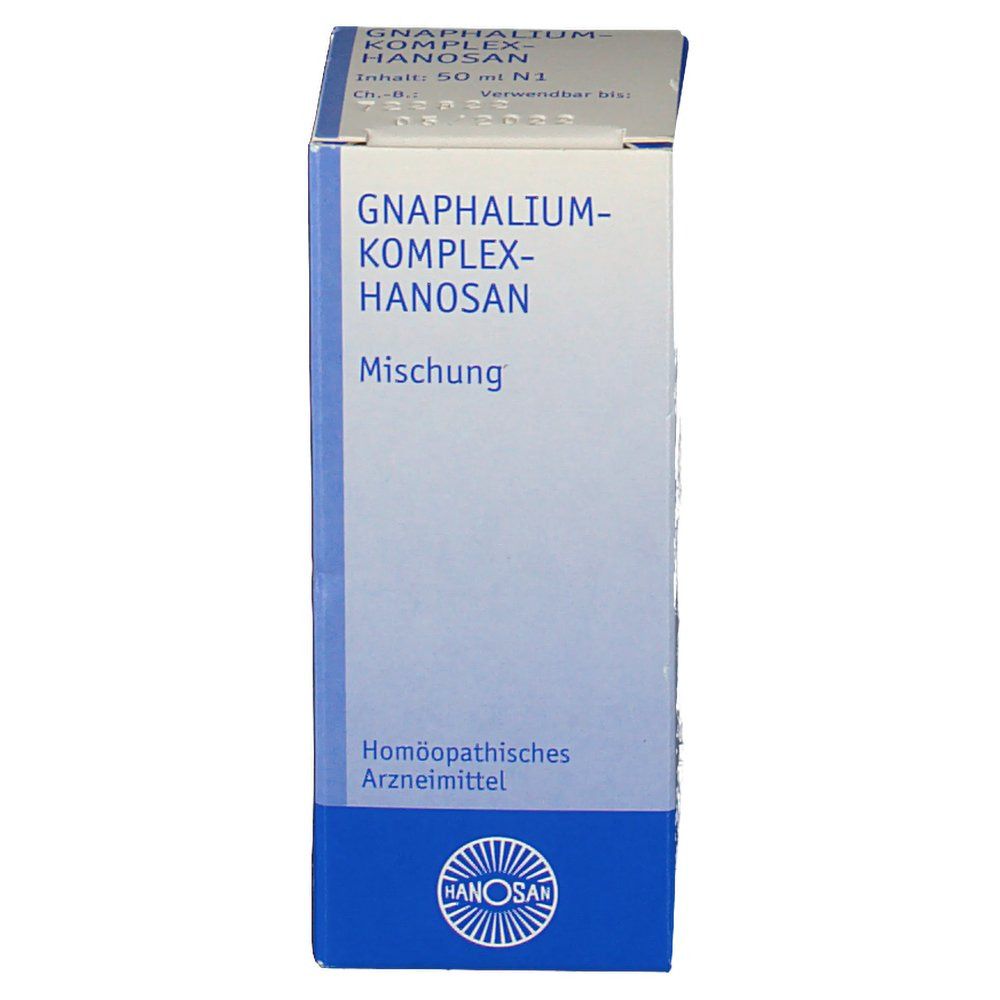 Gnaphalium-Komplex-Hanosan-Verpackung. Produktname und Logo. Blaue und weiße Farben. Homöopathisches Arzneimittel.