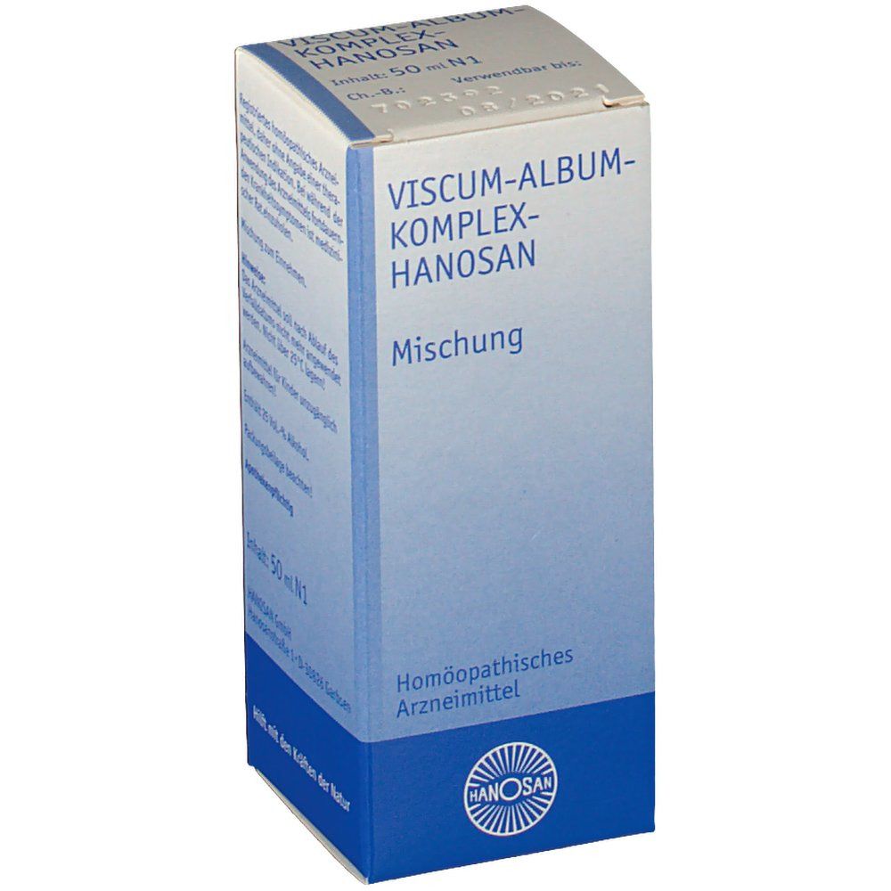 Karton mit Produktnamen und Logo. Blaue und weiße Farbgebung. Text: Viscum-Album-Komplex-Hanosan, Mischung. Homöopathisches Arzneimittel.