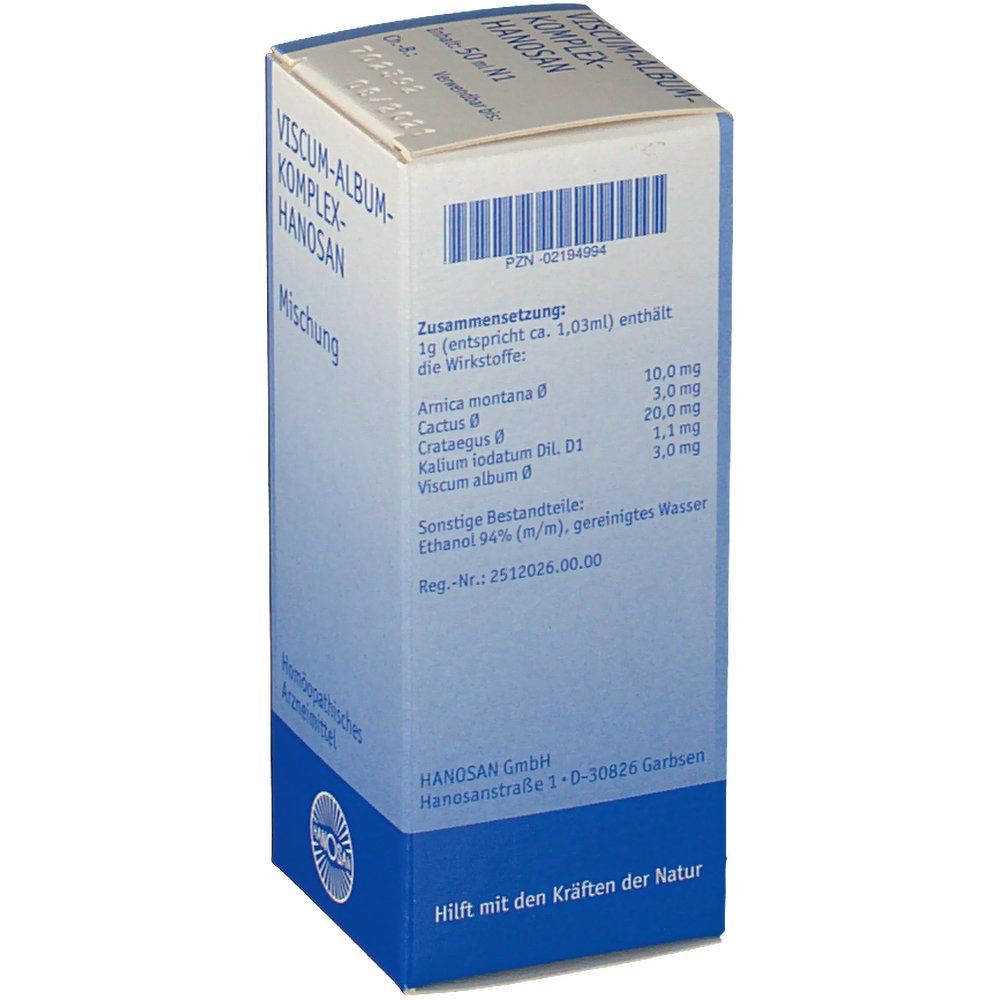 Rückseite der Produktverpackung. Enthält Zutatenliste und Barcode. Text: Viscum-Album-Komplex-Hanosan, Mischung. Hanosan GmbH Logo.
