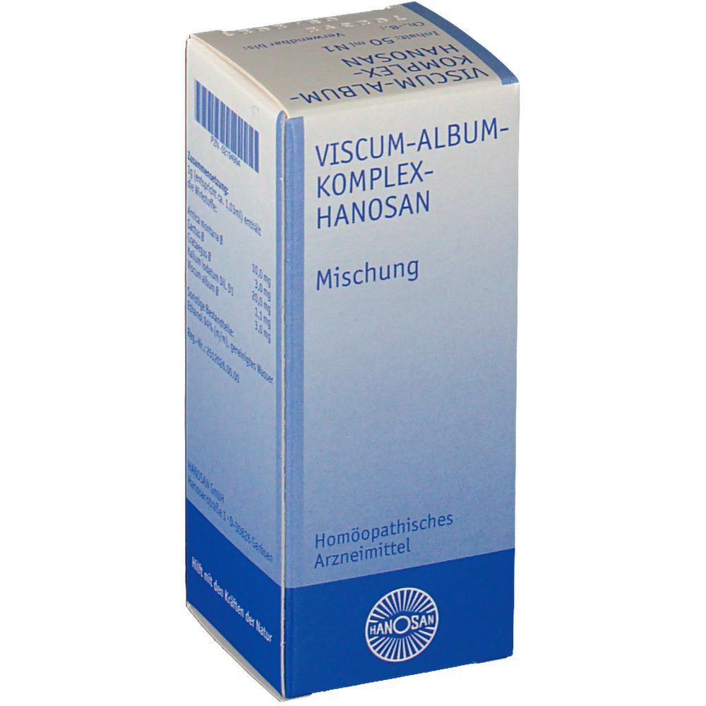 Produktverpackung, Seitenansicht. Text: Viscum-Album-Komplex-Hanosan, Mischung. Homöopathisches Arzneimittel. Blaue und weiße Farbgebung.