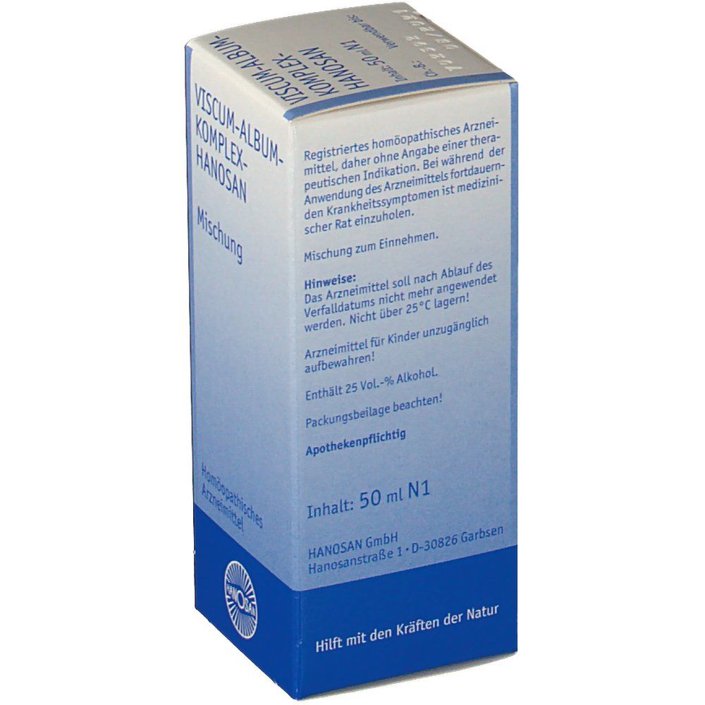 Produktverpackung mit Text. Text: Viscum-Album-Komplex-Hanosan, Mischung. Homöopathisches Arzneimittel. Apothekenpflichtig. Enthält 25 Vol.-% Alkohol.