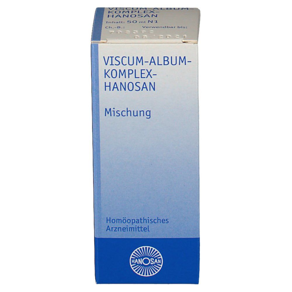 Geöffnete Produktverpackung. Text: Viscum-Album-Komplex-Hanosan, Mischung. Homöopathisches Arzneimittel. Hanosan Logo.