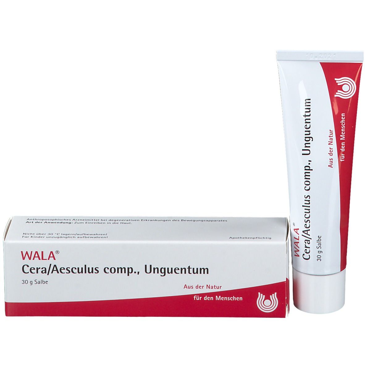 Tube und Schachtel. Aufschrift: WALA Cera/Aesculus comp., Unguentum. 30 g Salbe. Schachtel mit rotem Design.
