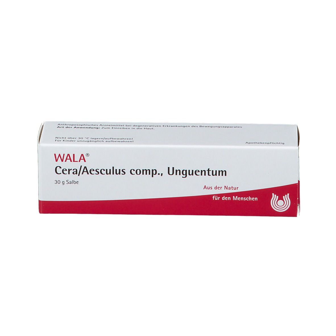 Weiße Schachtel mit rotem Design. Aufschrift: WALA Cera/Aesculus comp., Unguentum. 30 g Salbe.